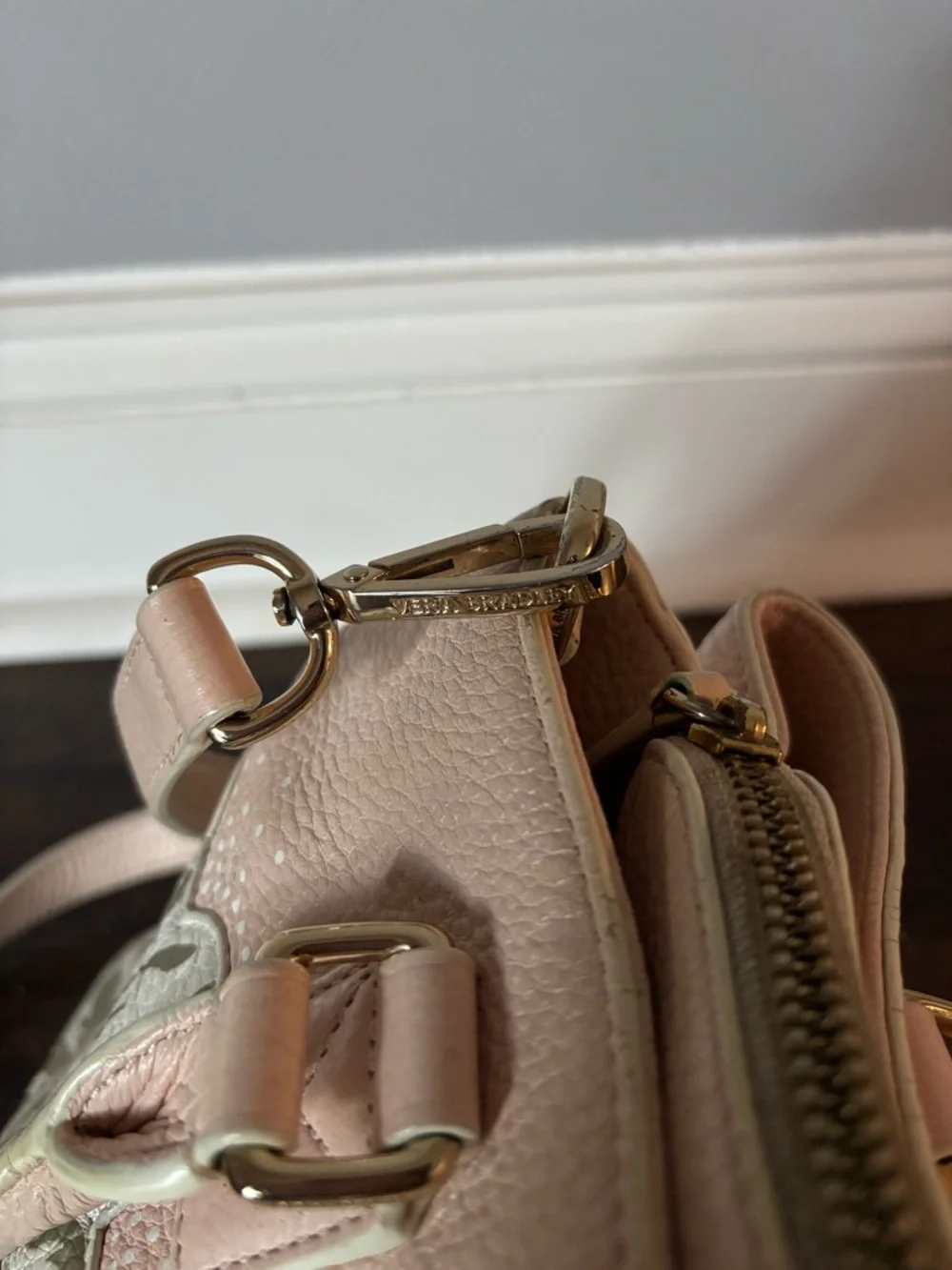 Vera Bradley Pale Pink Leather Floral Appliqué Satchel Handbag Purse - Picture 5 of 11